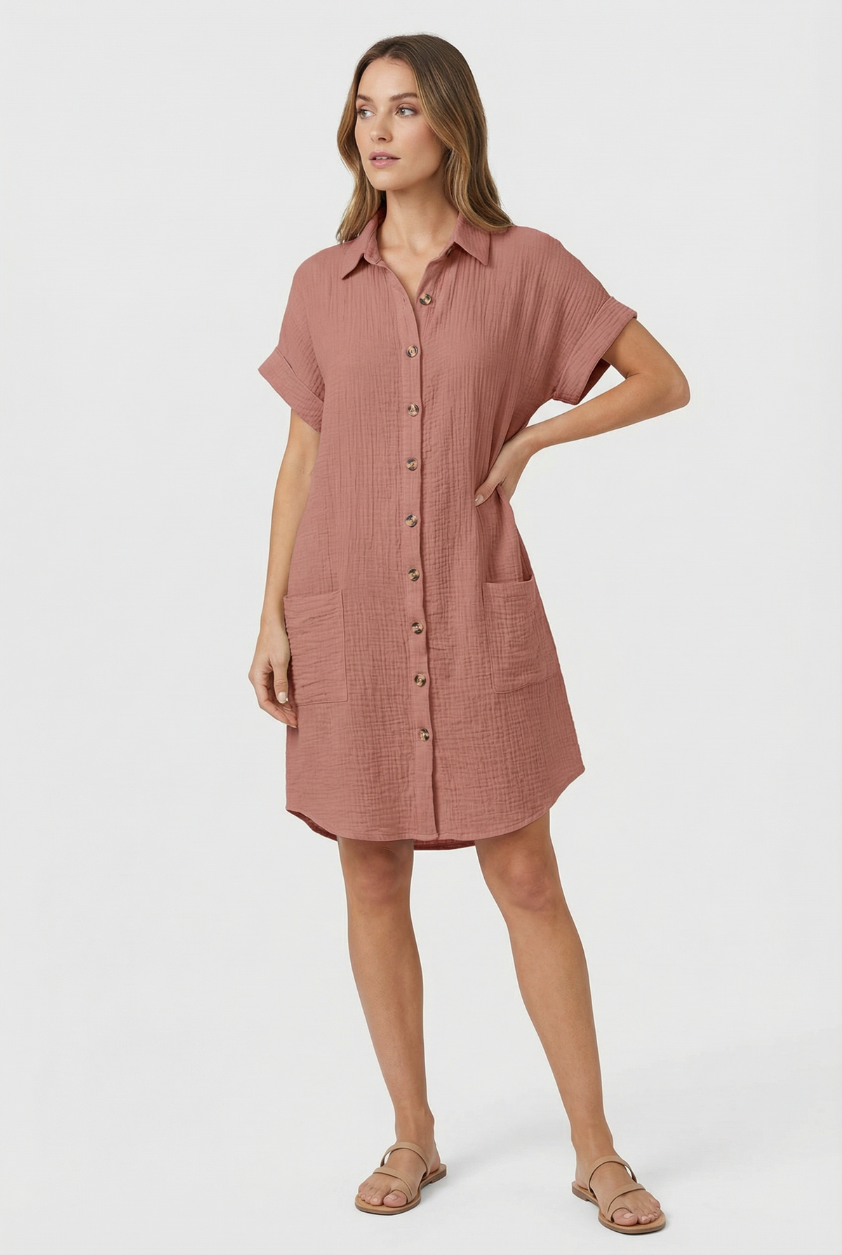Dames Katoenmix Shirt Mini Jurk Korte Mouwen