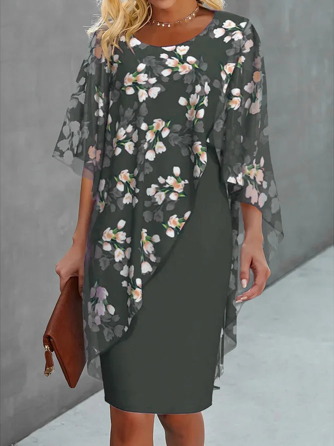 Dames Bruiloftsgast Midi Jurk met Chiffon Cape