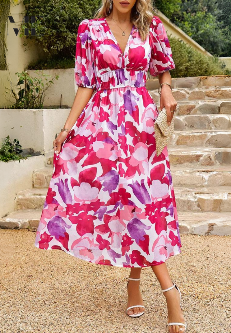 Dames Bloemenprint Midi Jurk Pofmouwen V Hals