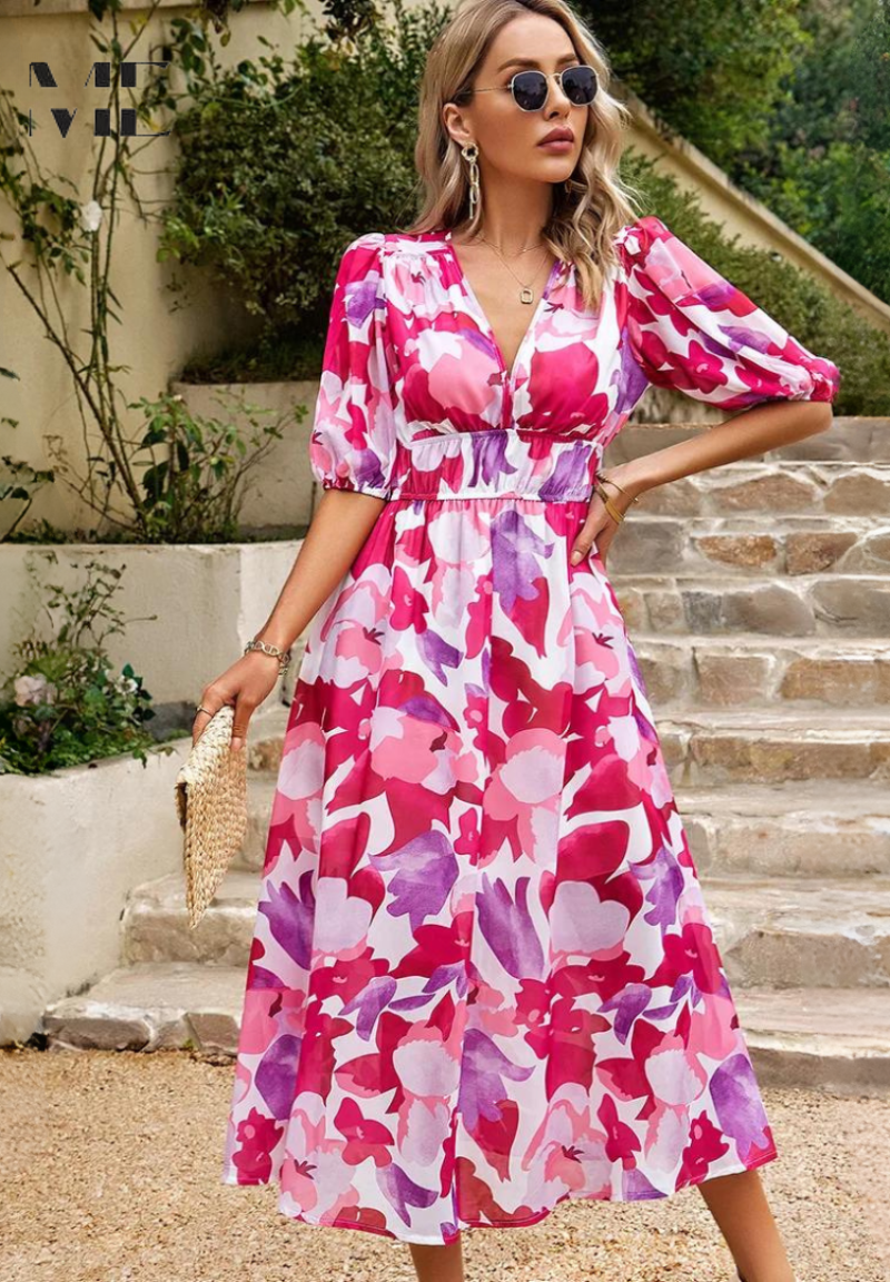 Dames Elegante Bloemenprint Midi Jurk