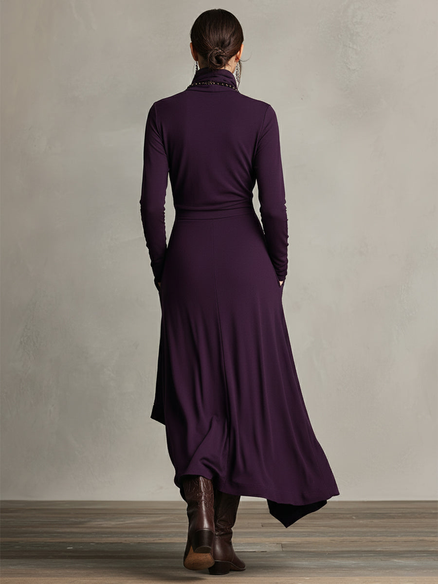 Dames Asymmetrische Gebreide Maxi Jurk met Col