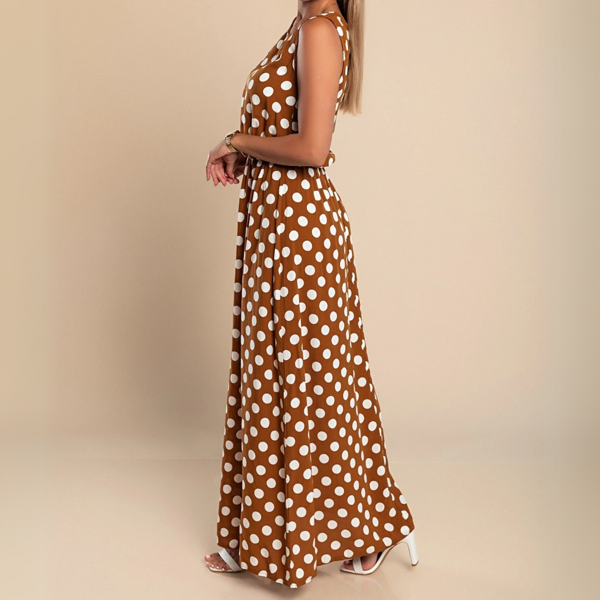 Dames Mouwloze Maxi Jurk Stippenprint