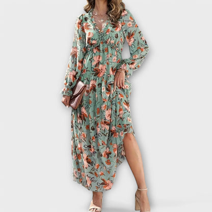 Dames Bloemenprint Maxi Jurk V Hals Lange Mouwen
