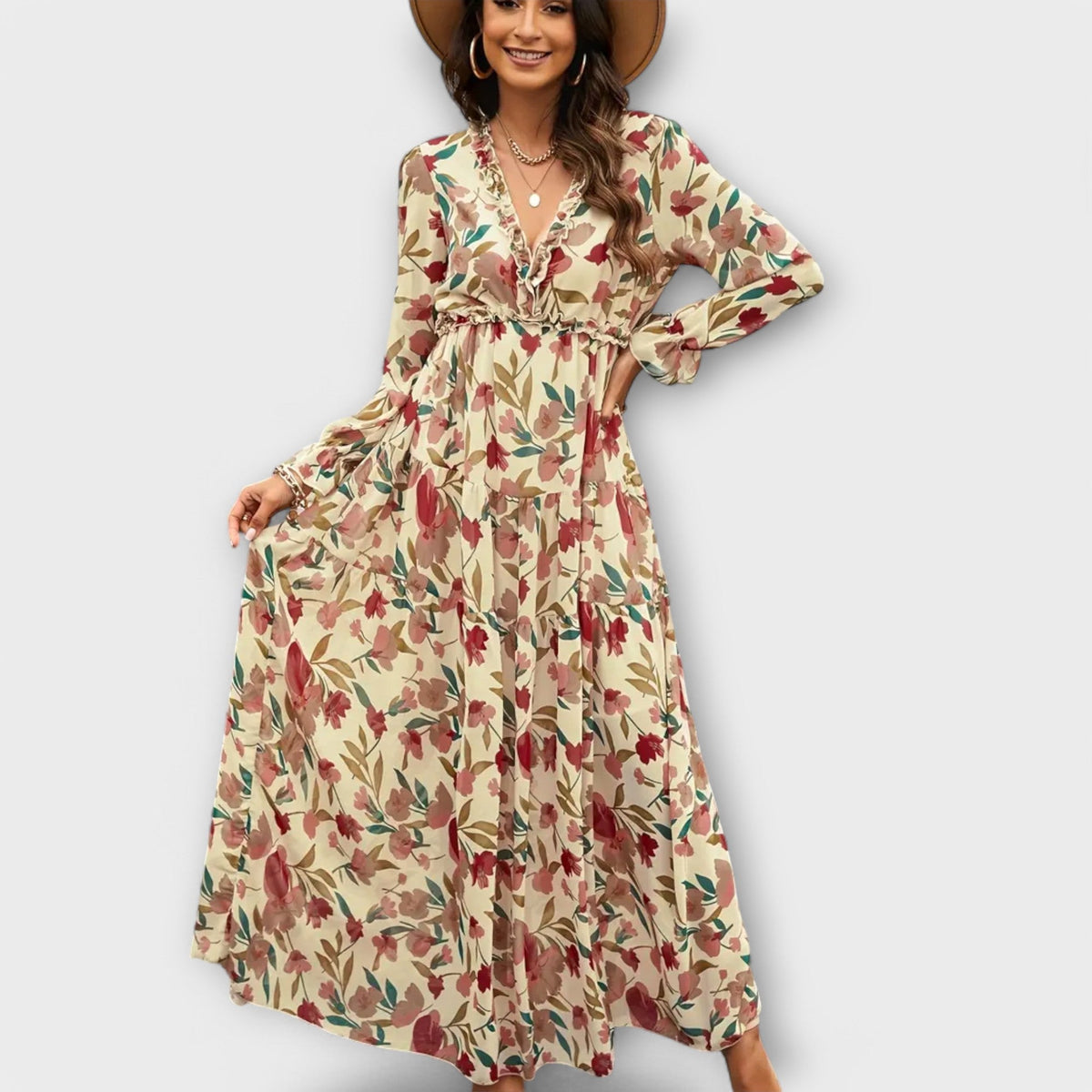 Dames Maxi Jurk V Hals Bloemenprint