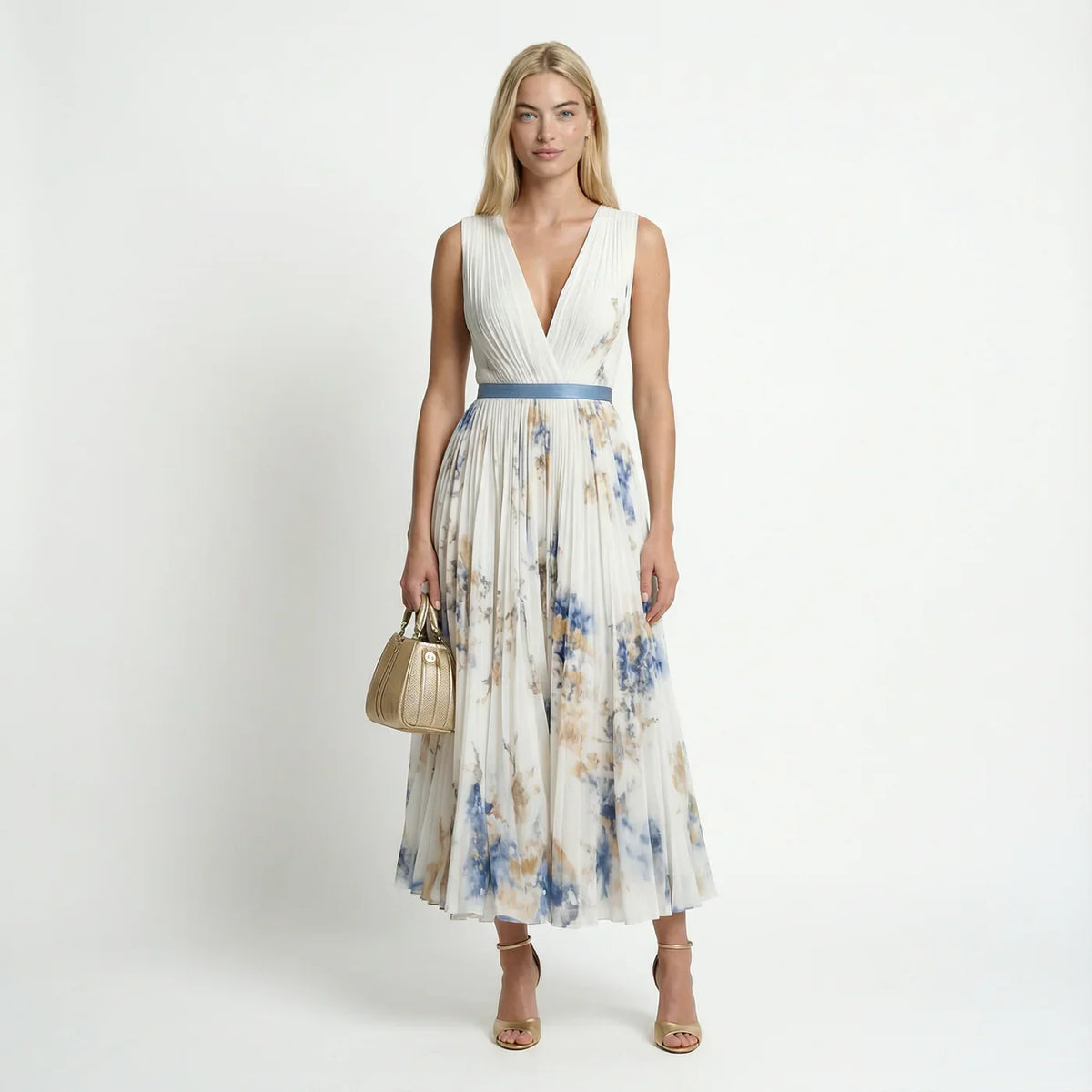 Dames Geplooide Bloemenprint Maxi Jurk