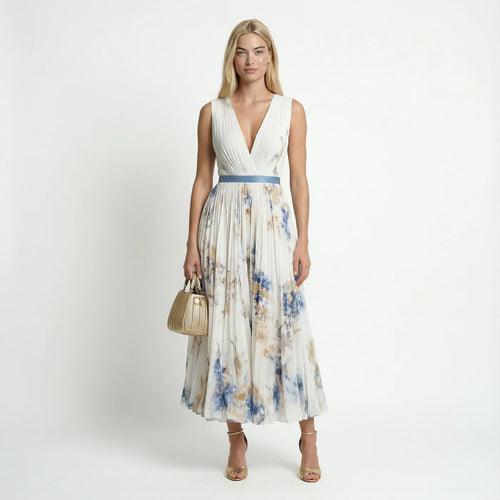 Dames Geplooide Bloemenprint Maxi Jurk