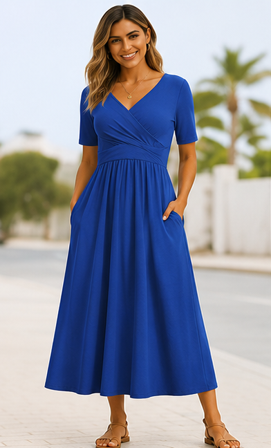 Dames Midi Jurk Korte Mouwen Kruisdetail