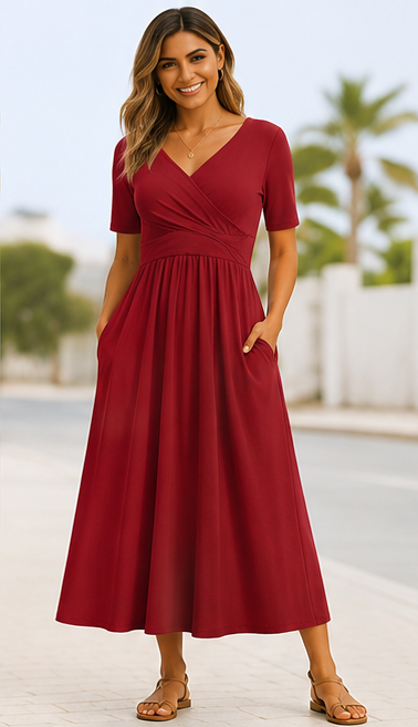 Dames Midi Jurk Korte Mouwen Kruisdetail