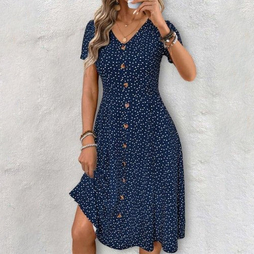 Dames Midi Jurk Stippenprint met Knopen