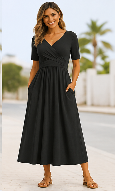 Dames Midi Jurk Korte Mouwen Kruisdetail