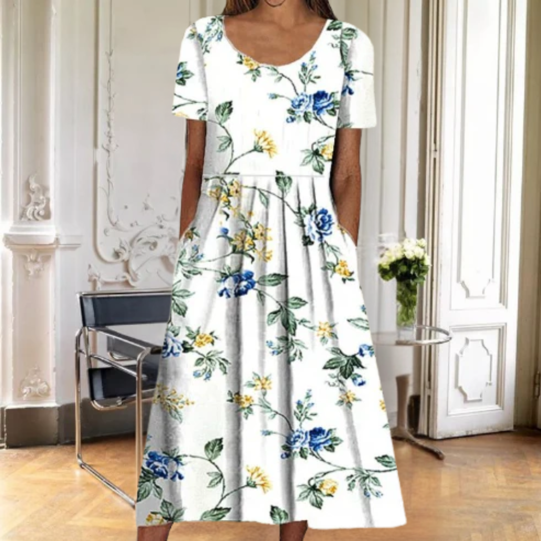 Dames Bloemenprint Midi Jurk Korte Mouwen