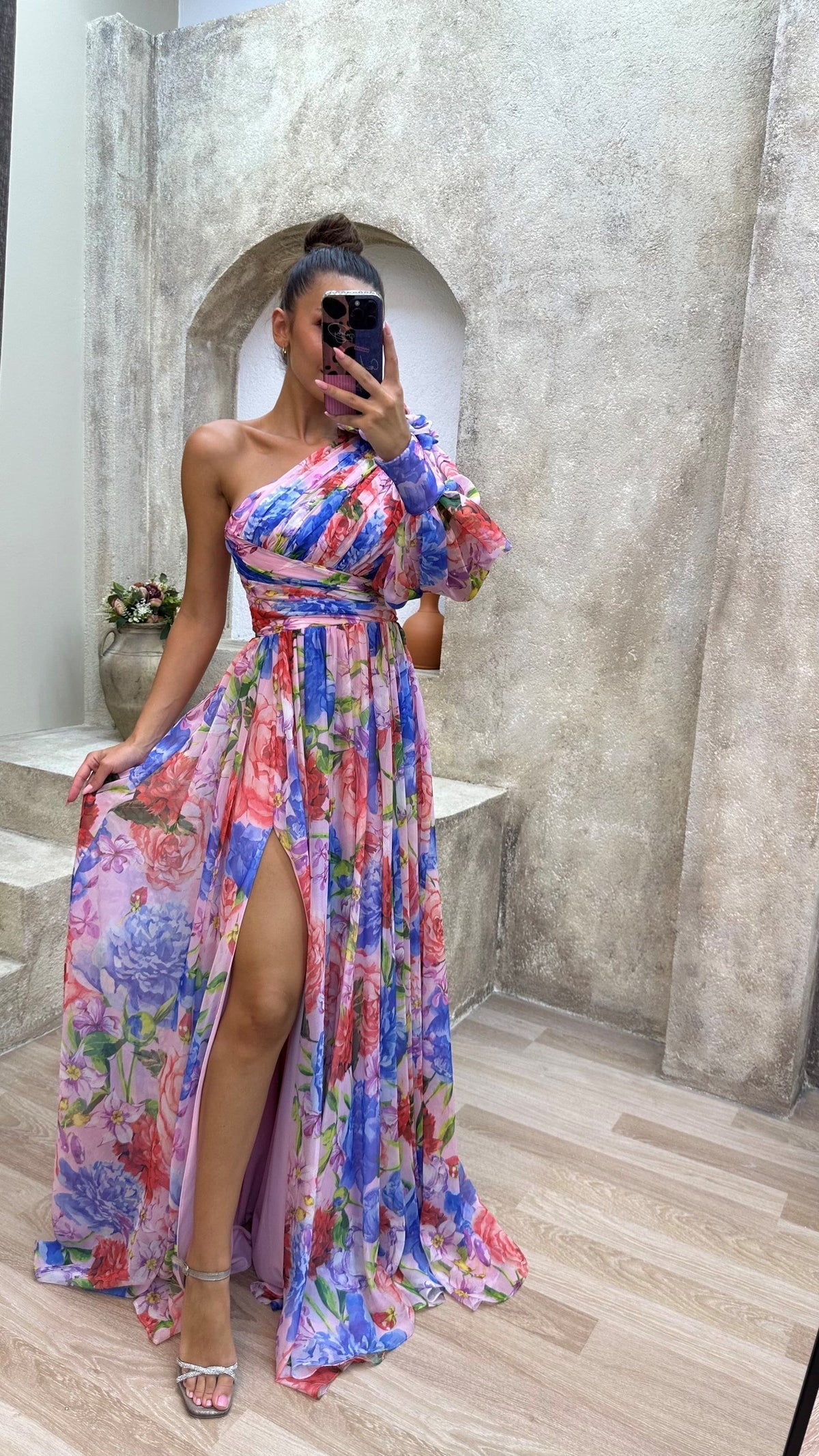 Dames One Shoulder Bloemenprint Maxi Jurk met Split