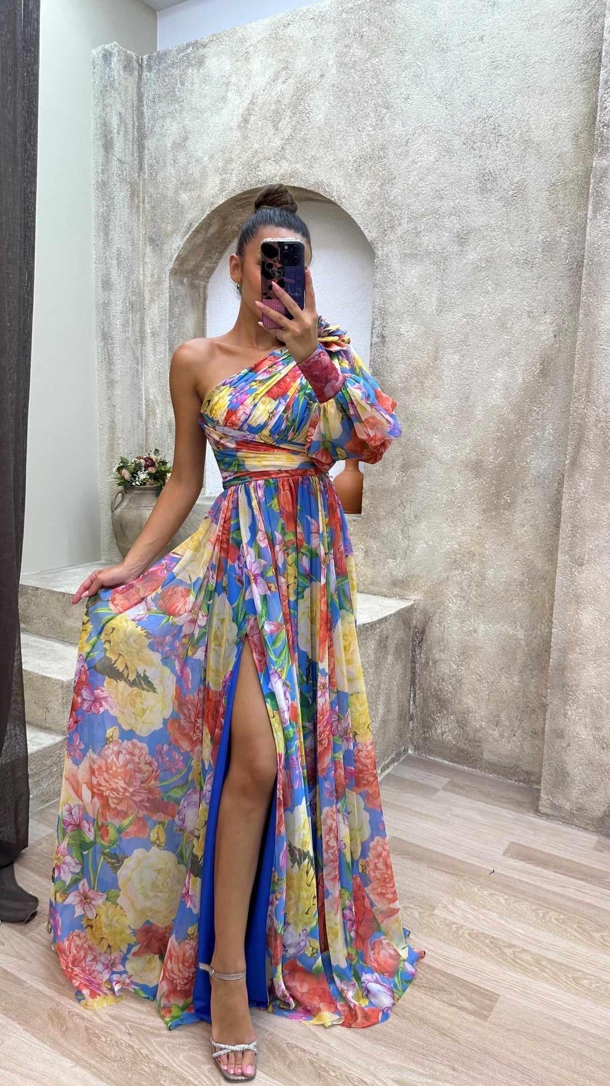 Dames One Shoulder Maxi Jurk met Geplooide Rok