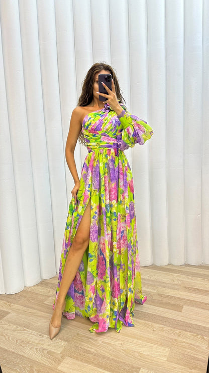 Dames One Shoulder Bloemenprint Maxi Jurk met Split