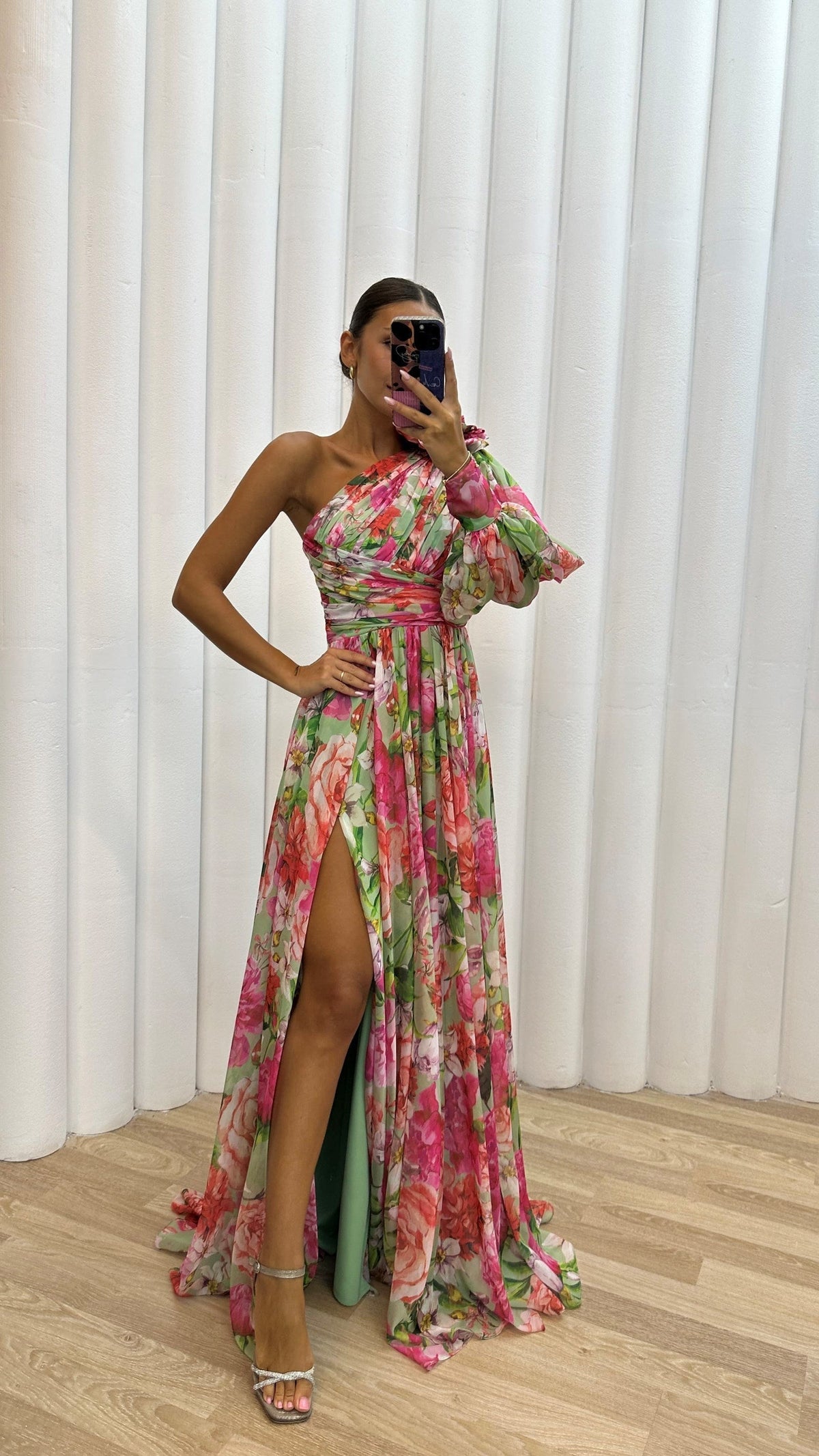 Dames One Shoulder Maxi Jurk met Geplooide Rok