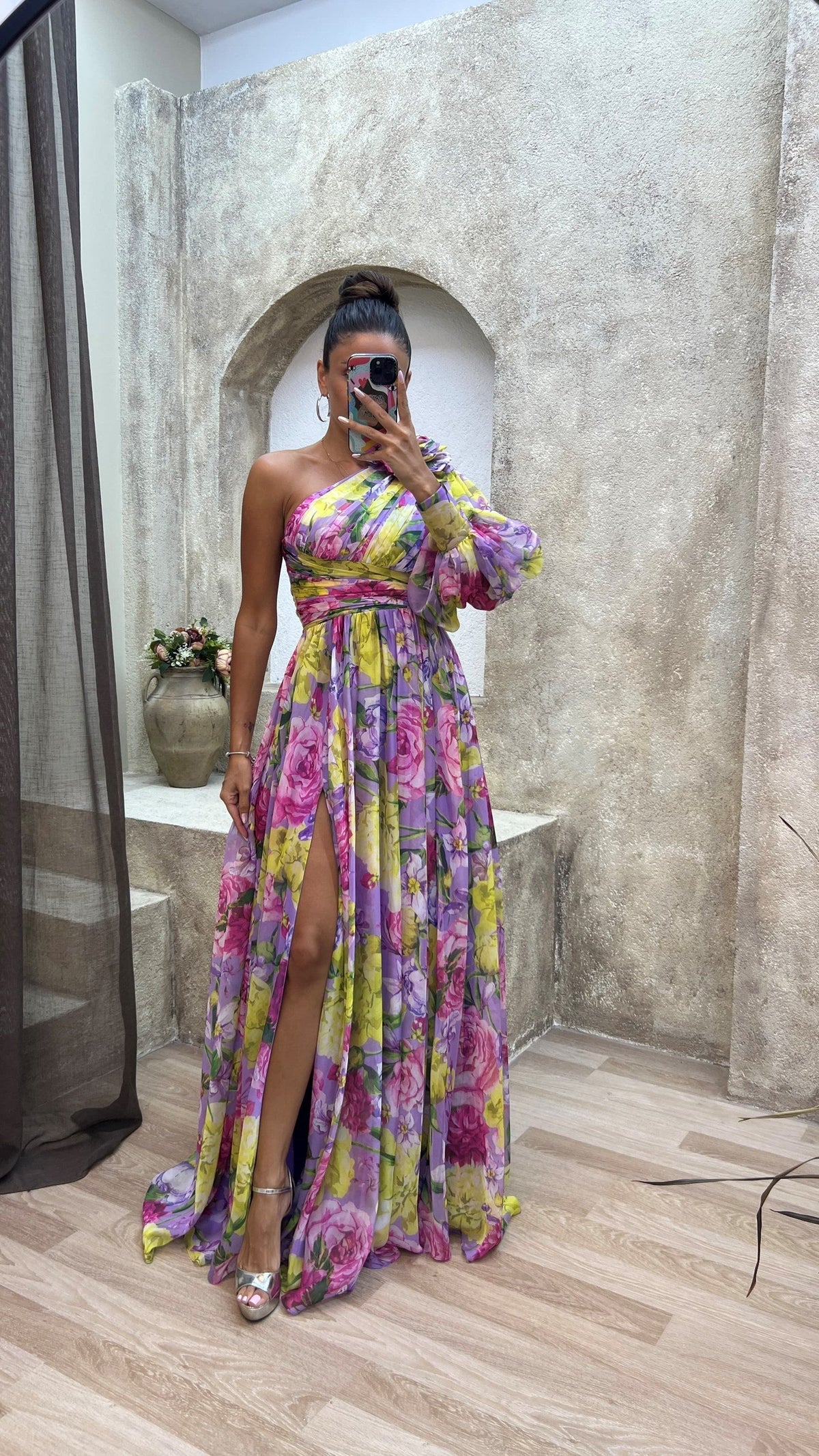 Dames One Shoulder Maxi Jurk met Geplooide Rok