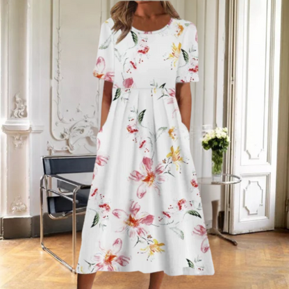 Dames Bloemenprint Midi Jurk Korte Mouwen