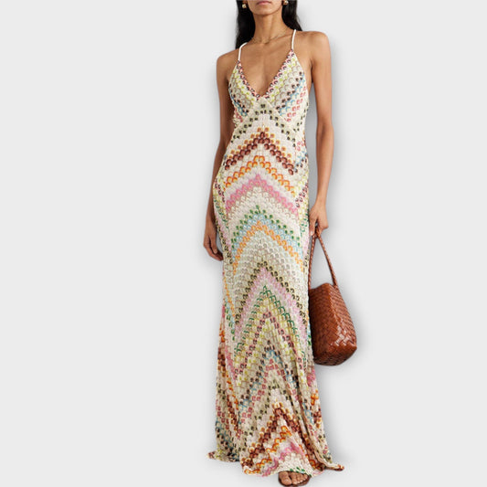 Dames Maxi Jurk met Kleurrijk Visgraatpatroon