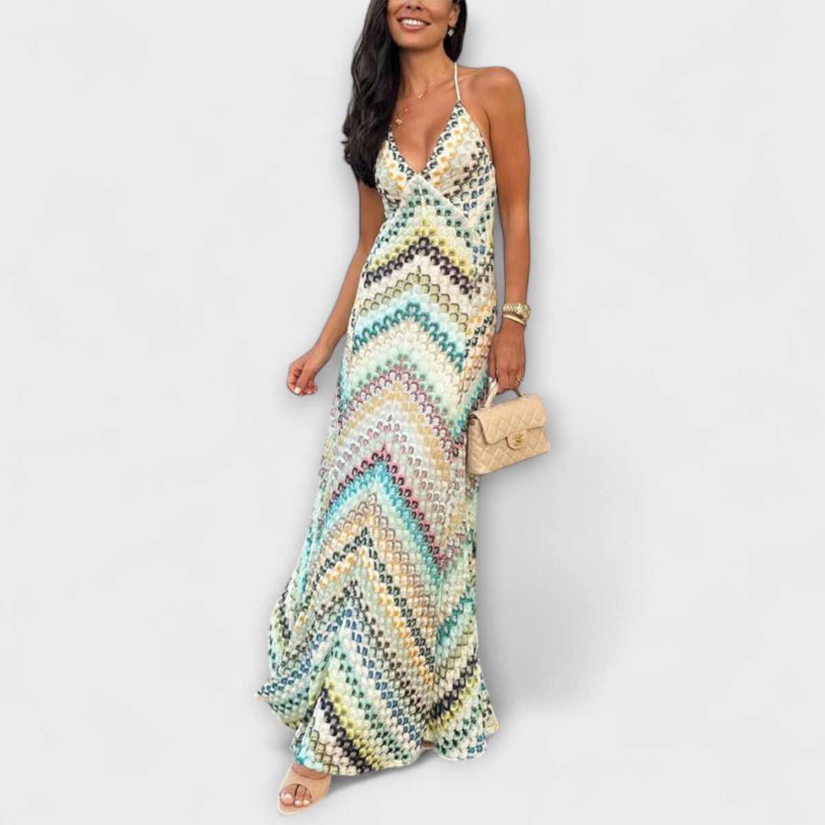 Dames Maxi Jurk met Kleurrijk Visgraatpatroon