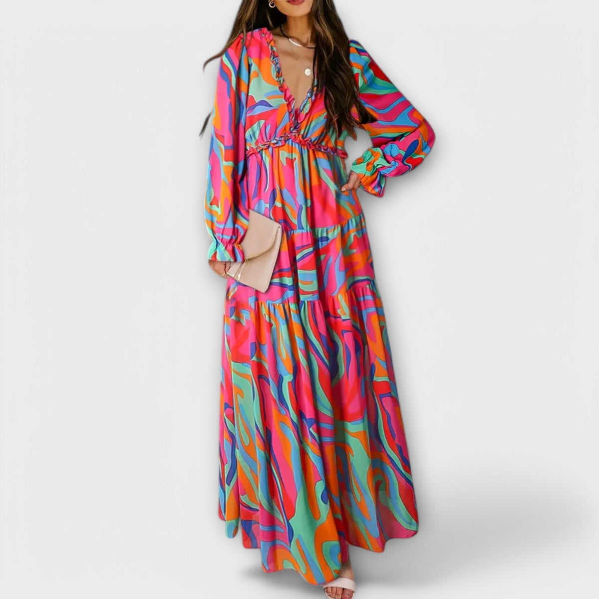Dames Bloemenprint Maxi Jurk V Hals Lange Mouwen