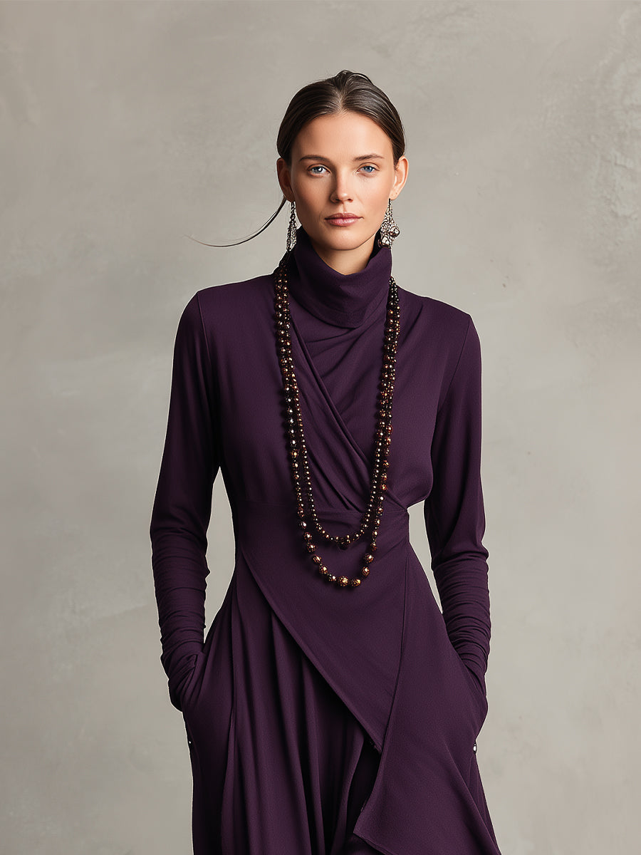Dames Asymmetrische Gebreide Maxi Jurk met Col