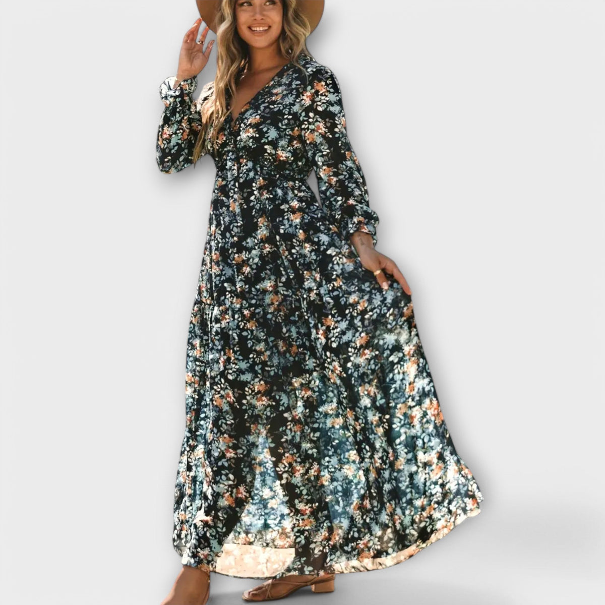 Dames Bloemenprint Maxi Jurk V Hals Lange Mouwen