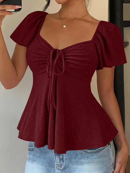 Dames Zomer Blouse Met Trekkoord En V Hals