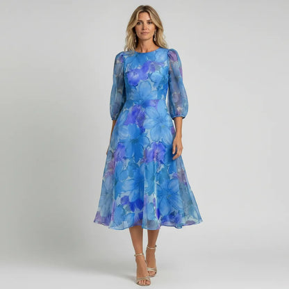 Dames Bloemenprint Midi Jurk Pofmouwen