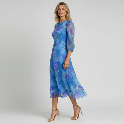 Dames Bloemenprint Midi Jurk Pofmouwen