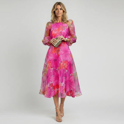 Dames Bloemenprint Midi Jurk Pofmouwen