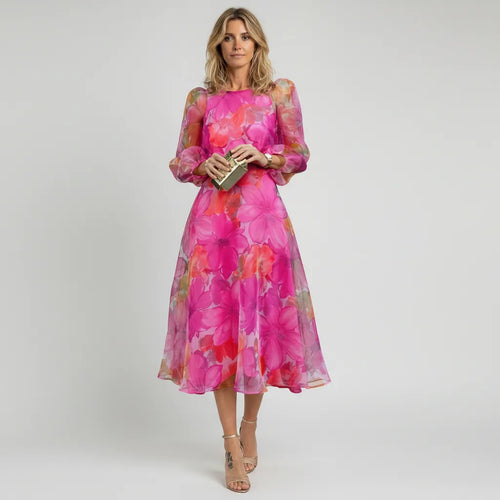 Dames Bloemenprint Midi Jurk Pofmouwen