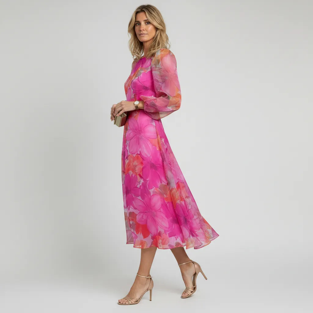 Dames Bloemenprint Midi Jurk Pofmouwen