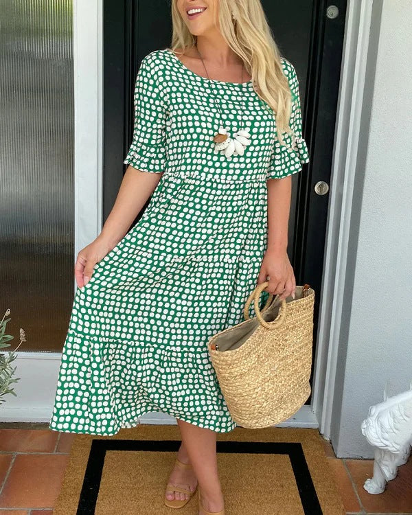 Dames Midi Jurk Stippenprint Korte Mouwen