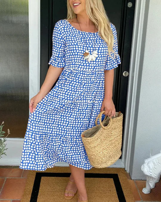 Dames Midi Jurk Stippenprint Korte Mouwen
