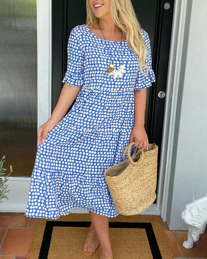 Dames Midi Jurk Stippenprint Korte Mouwen