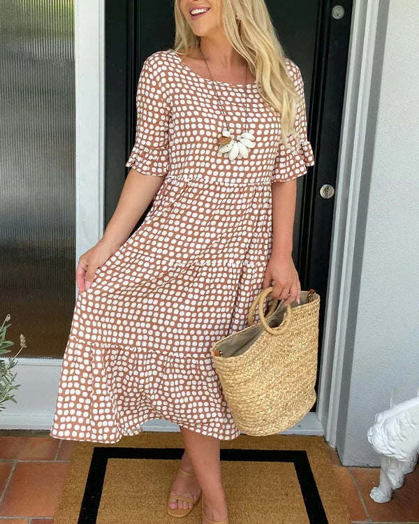 Dames Midi Jurk Stippenprint Korte Mouwen
