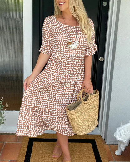 Dames Midi Jurk Stippenprint Korte Mouwen