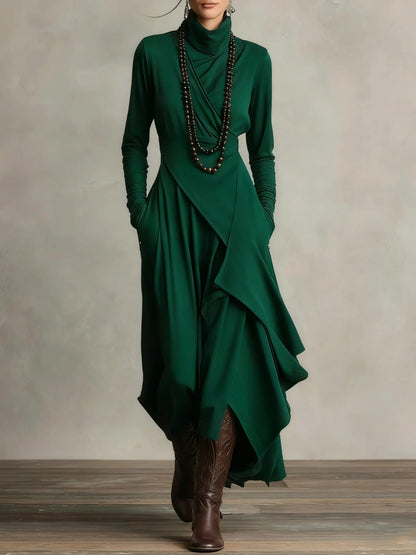 Dames Asymmetrische Gebreide Maxi Jurk met Col