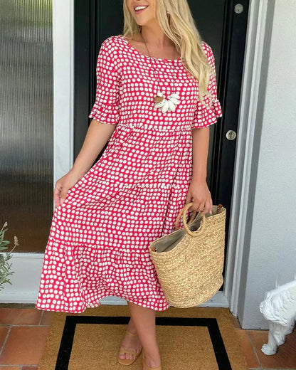 Dames Midi Jurk Stippenprint Korte Mouwen