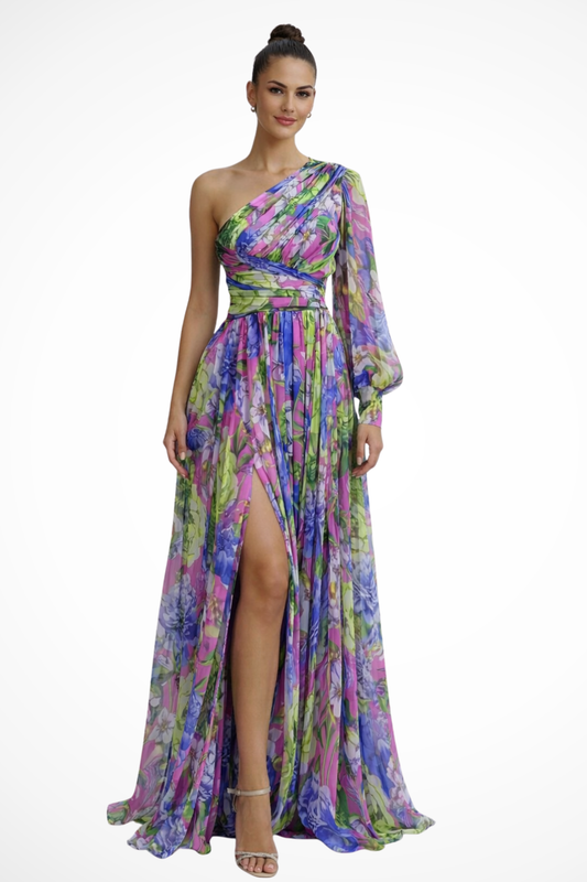 Dames One Shoulder Bloemenprint Maxi Jurk