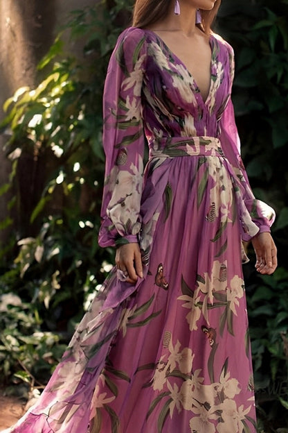 Dames Paarse Bloemenprint Maxi Jurk met Lange Mouwen
