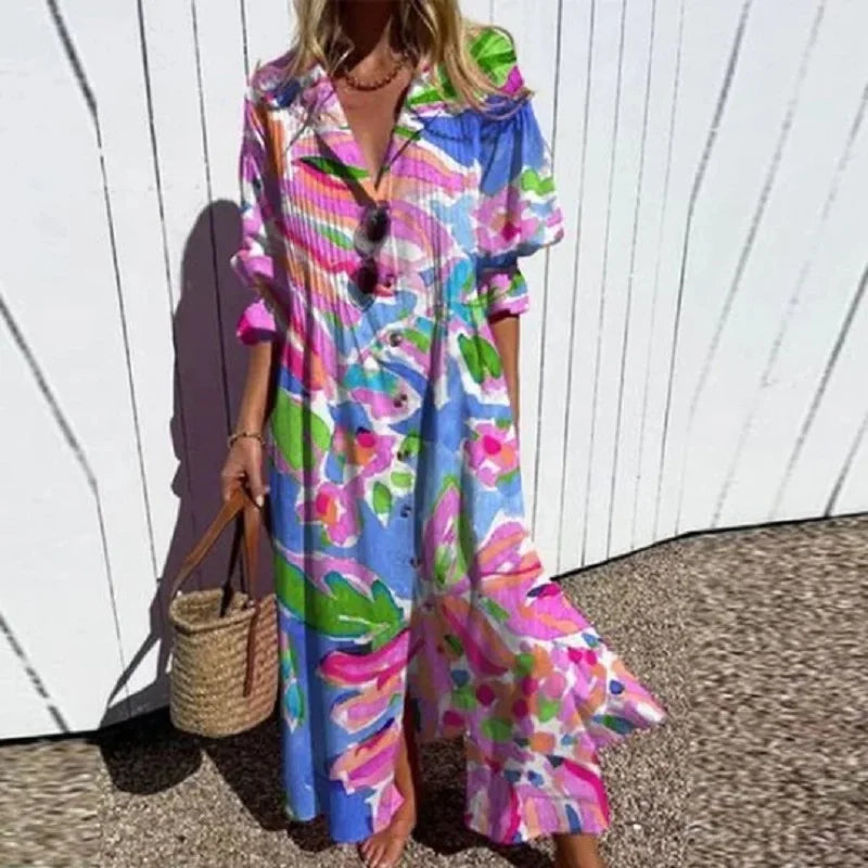 Dames Bloemenprint Maxi Jurk Lange Mouwen