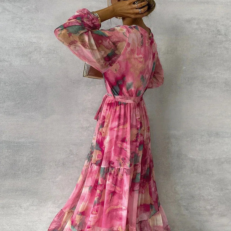 Dames Bloemenprint Wikkel Maxi Jurk met V Hals
