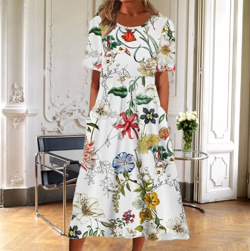 Dames Bloemenprint Midi Jurk Korte Mouwen