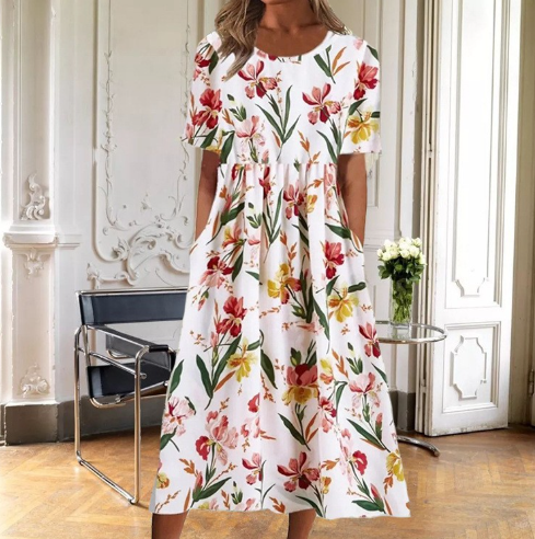 Dames Bloemenprint Midi Jurk Korte Mouwen