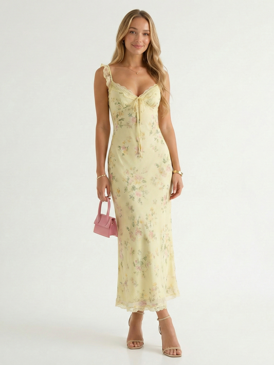 Dames Bloemenprint Midi Jurk Spaghettibandjes