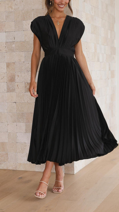Dames Geplooide Maxi Jurk met V Hals en Tailleband