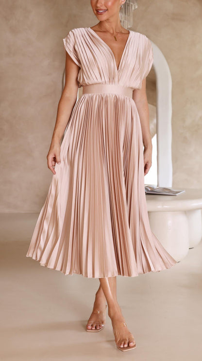 Dames Geplooide Maxi Jurk met V Hals en Tailleband