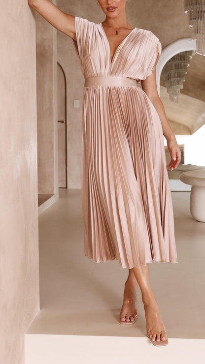 Dames Geplooide Maxi Jurk met V Hals en Tailleband
