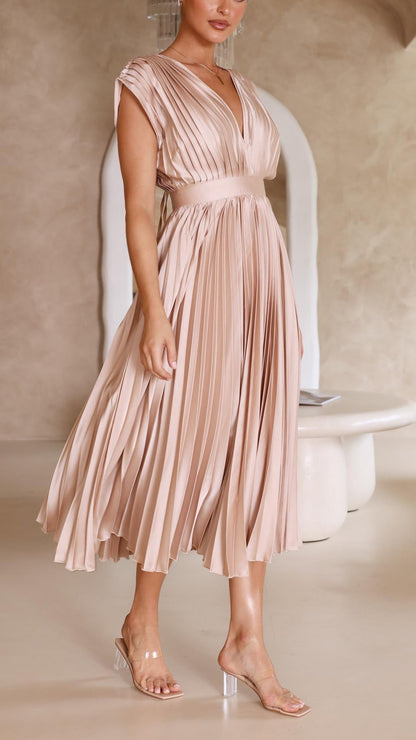 Dames Geplooide Maxi Jurk met V Hals en Tailleband
